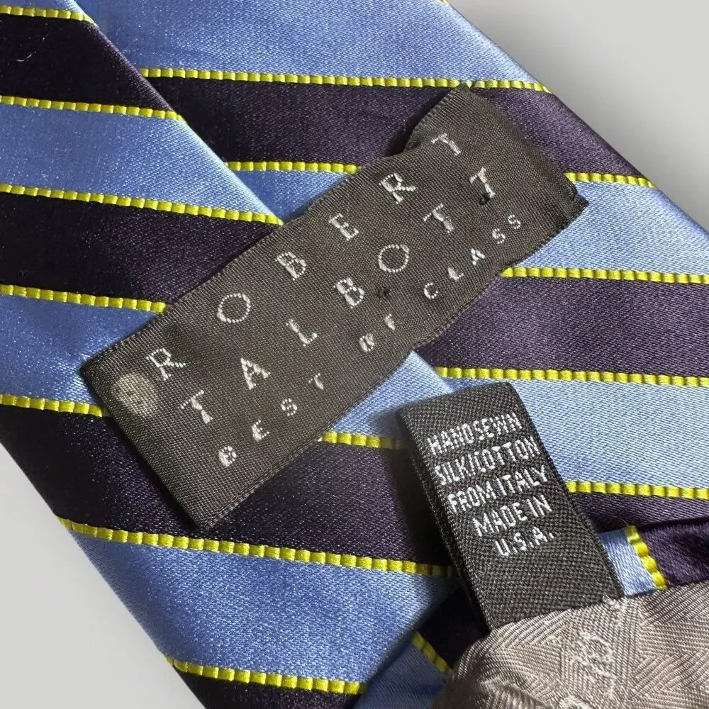 ROBERT TALBOTT Silk Tie Striped tie  100% Silk Necktie Navy/Blue/Yellow Made USA